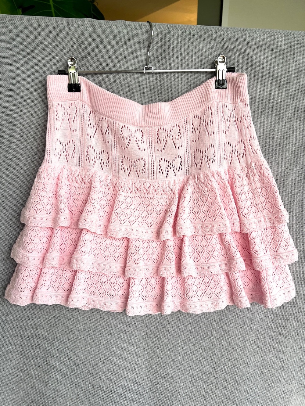 LoveShackFancy Ballerina Pink Baudin Bow Pointelle tiered knit mini skirt size L - Picture 7 of 16